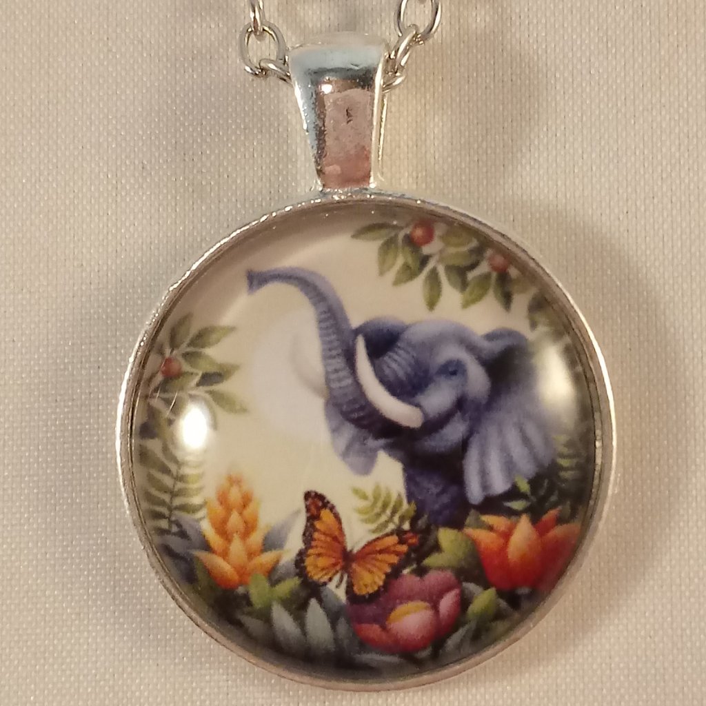 Silver Elephant Cabochon Pendant Chain Necklace Gift